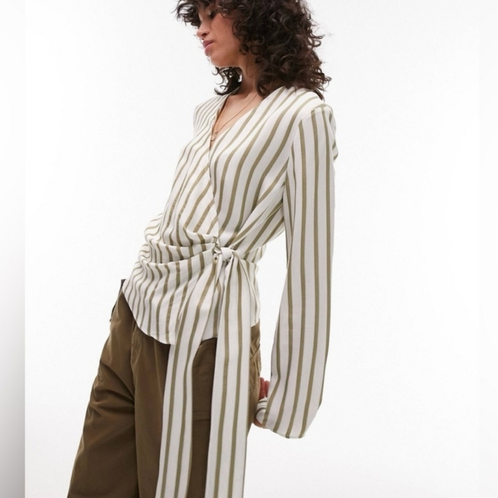 Topshop stripe wrap top in olive NWOT - Picture 2 of 9